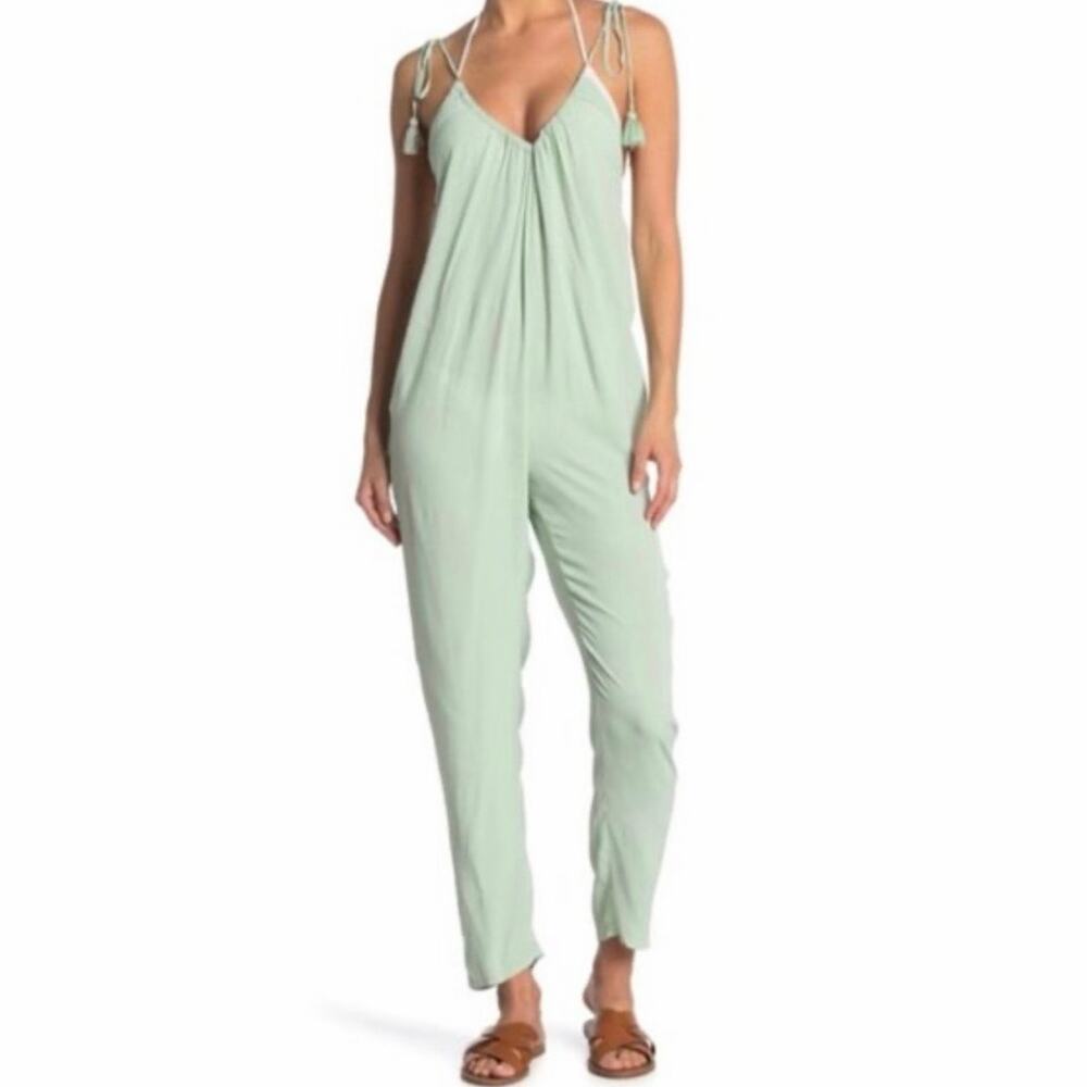 WeWoreWhat Kaia Jumper Jumpsuit Medium Mint Green Tassel Tie Strap
